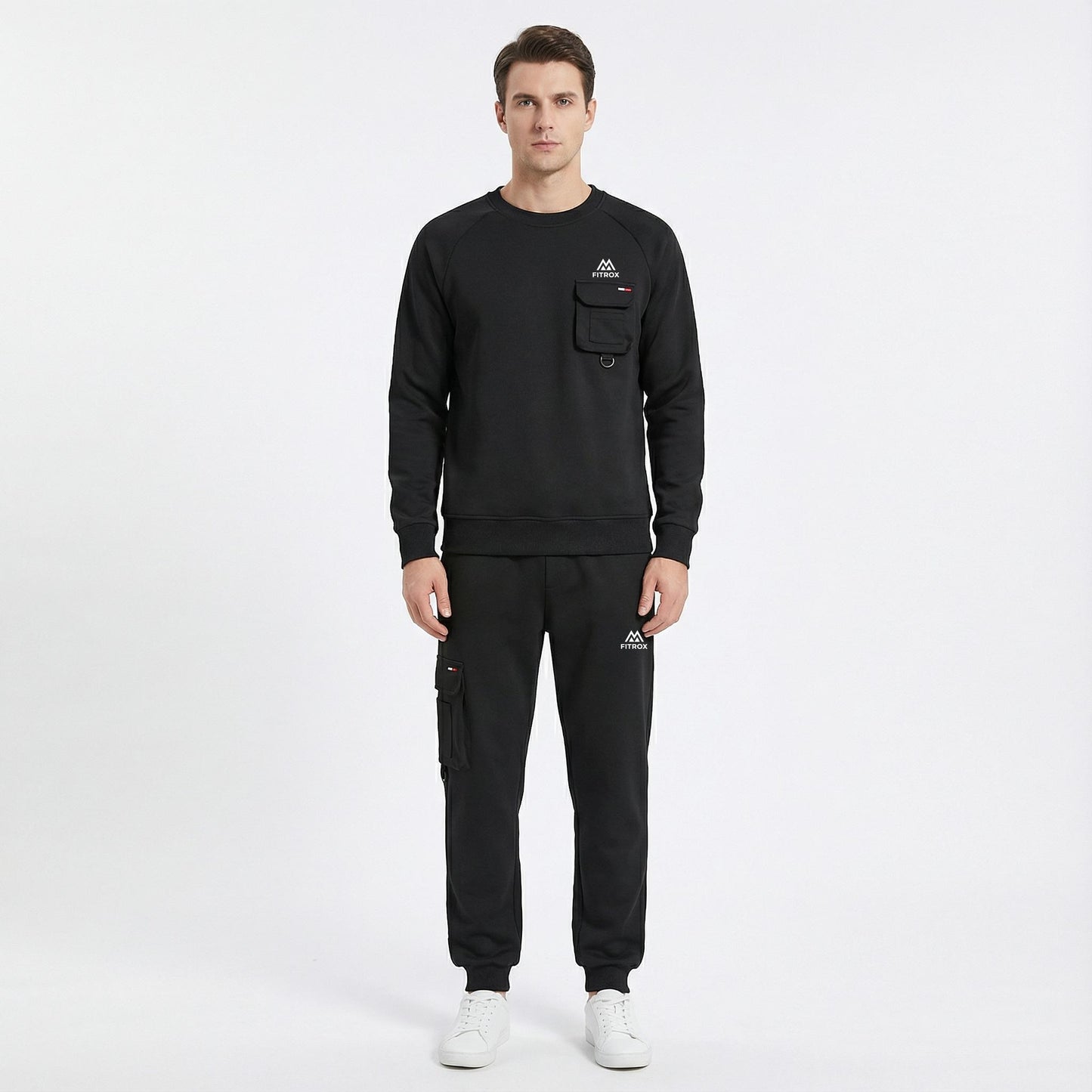 FITROX Men’s Tech Fleece Tracksuit Set – Men’s Polyester Tracksuit Set – Crew Neck Sweatshirt & Joggers – Zip Pocket Detail – S–XL