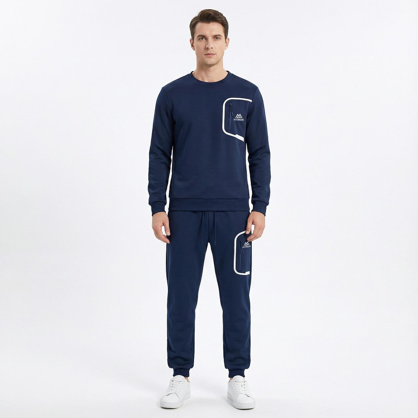 FITROX Men’s Tech Fleece Tracksuit Set – Men’s Polyester Tracksuit Set – Crew Neck Sweatshirt & Joggers – Zip Pocket Detail – S–XL