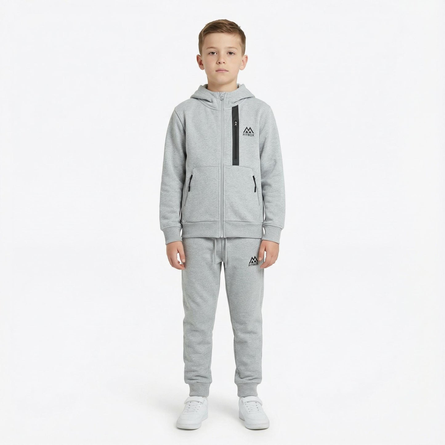 FITROX Kids Polyester Tracksuit 2 Piece Full Zip Hoodie & Jogging Bottoms Navy Black Grey Everyday Comfort Activewear Tracksuit Size UK