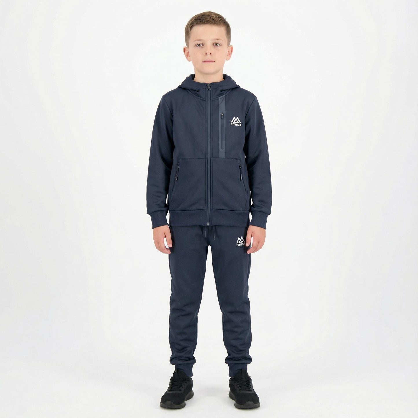 FITROX Kids Polyester Tracksuit 2 Piece Full Zip Hoodie & Jogging Bottoms Navy Black Grey Everyday Comfort Activewear Tracksuit Size UK