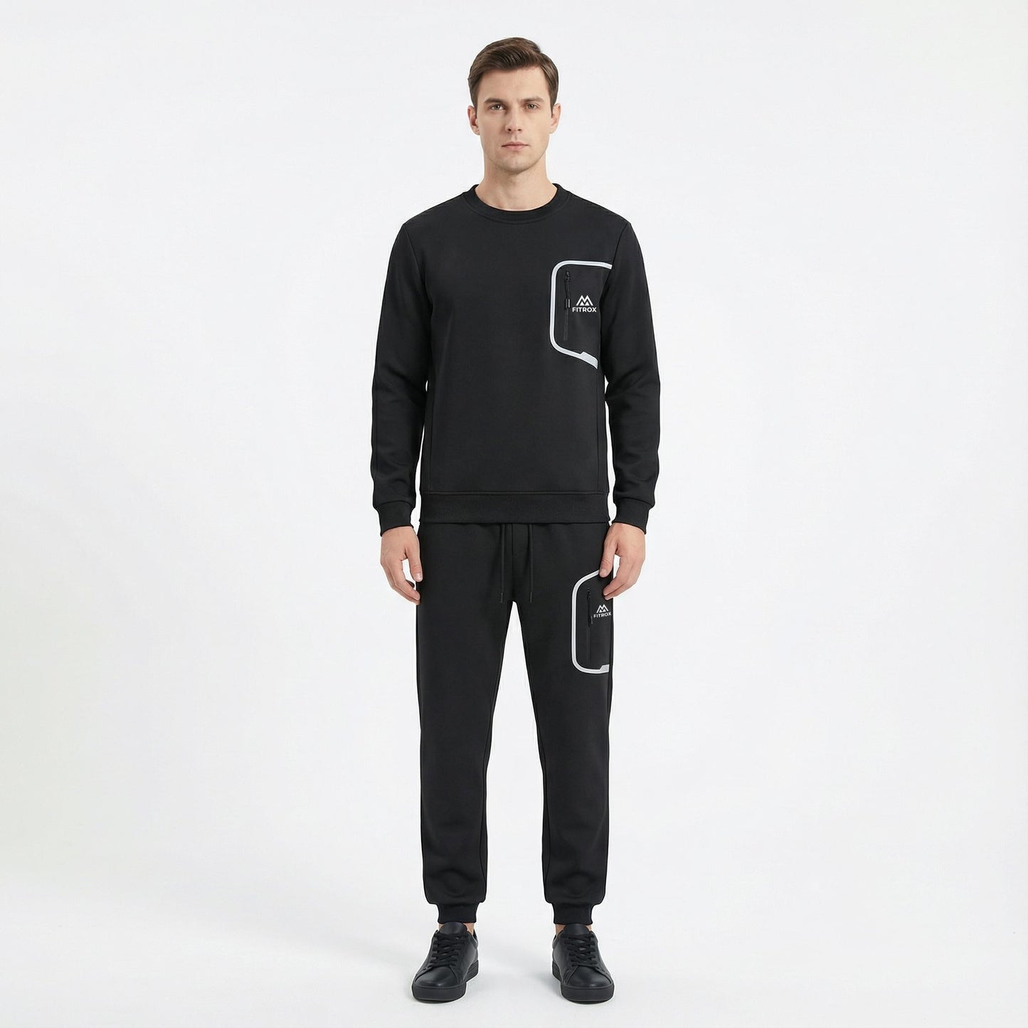 FITROX Men’s Tech Fleece Tracksuit Set – Men’s Polyester Tracksuit Set – Crew Neck Sweatshirt & Joggers – Zip Pocket Detail – S–XL