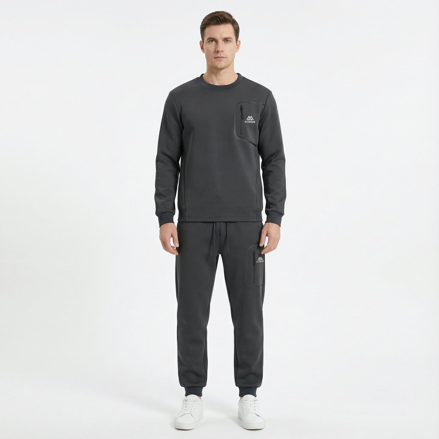 FITROX Men’s Tech Fleece Tracksuit Set – Men’s Polyester Tracksuit Set – Crew Neck Sweatshirt & Joggers – Zip Pocket Detail – S–XL