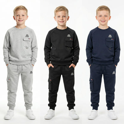 FITROX Kids Polyester Tracksuit Set – Cargo Pocket Sweatshirt & Joggers (7–14 Years) Boys Girls Unisex Polyester Tracksuit – 2 Piece Sweatshirt + Joggers