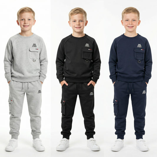 FITROX Kids Polyester Tracksuit Set – Cargo Pocket Sweatshirt & Joggers (7–14 Years) Boys Girls Unisex Polyester Tracksuit – 2 Piece Sweatshirt + Joggers