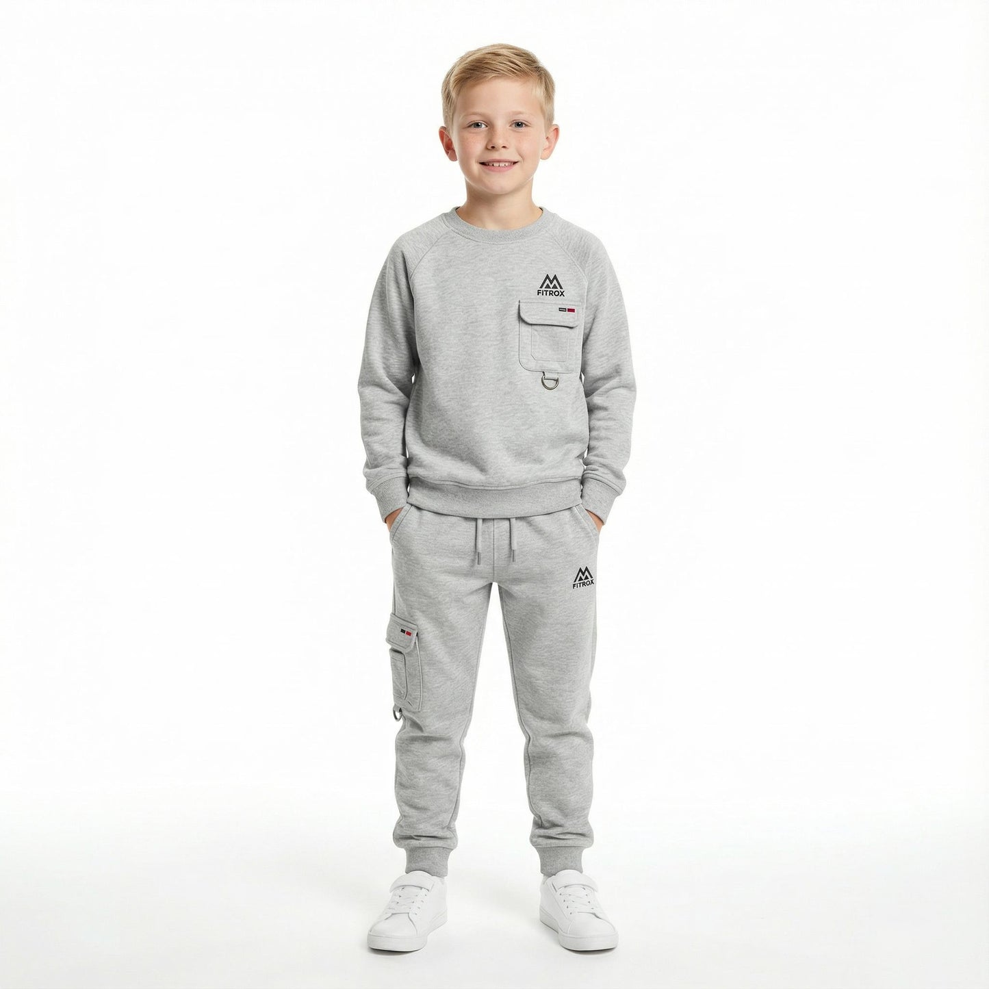 FITROX Kids Polyester Tracksuit Set – Cargo Pocket Sweatshirt & Joggers (7–14 Years) Boys Girls Unisex Polyester Tracksuit – 2 Piece Sweatshirt + Joggers