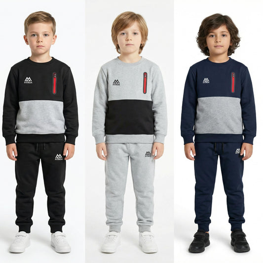 FITROX Kids Polyester Tracksuit Set – Cargo Pocket Sweatshirt & Joggers (7–14 Years) Boys Girls Unisex Polyester Tracksuit – 2 Piece Sweatshirt + Joggers
