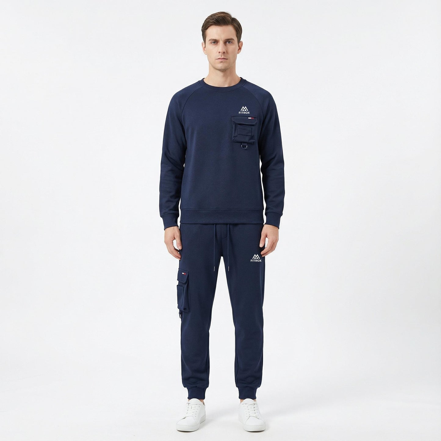 FITROX Men’s Tech Fleece Tracksuit Set – Men’s Polyester Tracksuit Set – Crew Neck Sweatshirt & Joggers – Zip Pocket Detail – S–XL